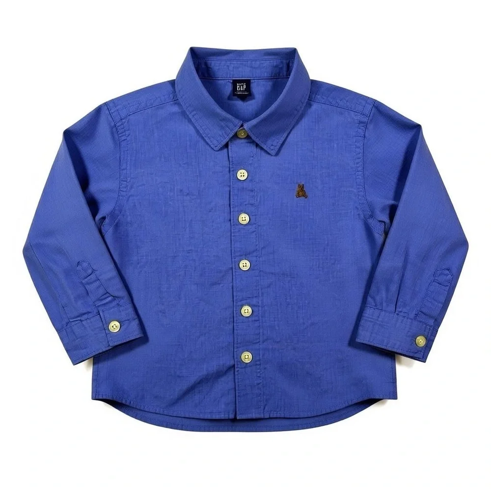 Gap Boys' Blue Long Sleeve with Iconic Brannan Bear Oxford Shirt